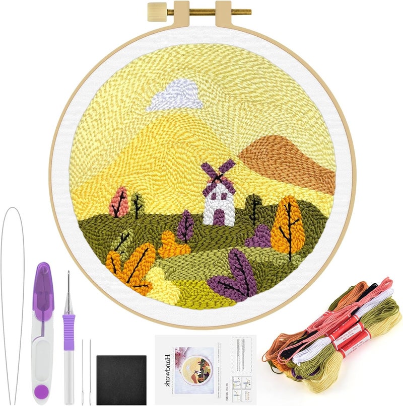ERKOON Punch Needle Kit Adults Beginners, DIY Easy Landscapes Embroidery Set for Starter Art Craft, Needling Punch Project with Patterns, Tools, Yarns, Hoop, Instruction (Fall) - Image 1